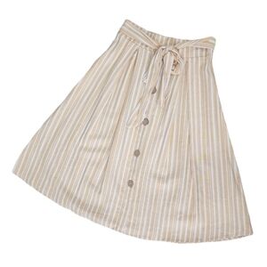 See You Monday Striped Faux Button Midi A-Line Skirt Tie Waist Smal Linen Blend.